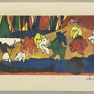 M.F. HUSAIN Limited Edition 171/600 Color Litho Art Elephants Signed